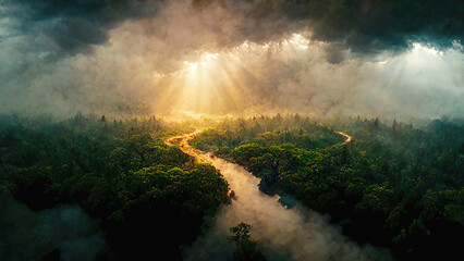 Fototapeta na wymiar Forest illustration background aerial view digital art landscape environment nature trees artwork river canal stream sun rays clouds 