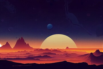 Mars surface, alien planet landscape. Night space game background with ground, mountains, stars, Saturn and Earth in sky. 2d cartoon fantastic illustration of cosmos and dark martian surface
