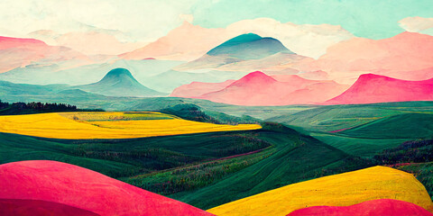 Beautiful blue and pink mountains with colorful landscape dsign.