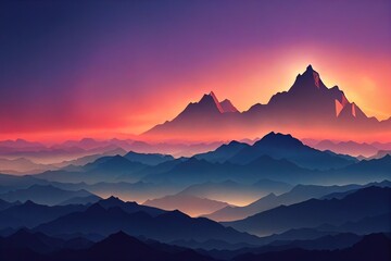High mountain peaks under the sunset sky. Beautiful high mountain peaks. Mountain peaks landscape. Mountain panorama