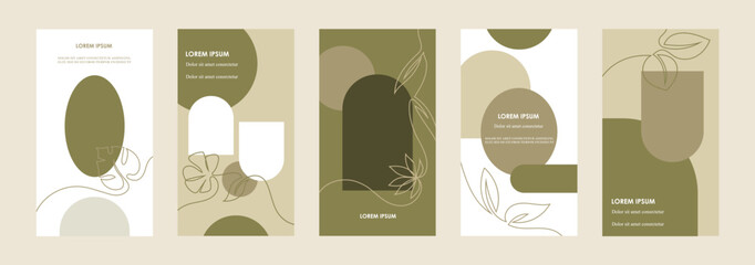 Set of natural style templates for banners, flyers, stories, brochures, web and social media posts. Organic design. Line art. Foliage, plants abstract shapes. Vector flat illustrations. EPS 10
