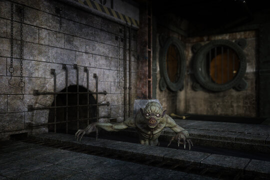 Horror fantasy nightmare monster in an underground sewage tunnel. Halloween concept 3D illustration.