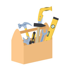 Set of builder tools. Hammers, wrench, ruler and level. Tool for construction and reconstruction in box. Graphic element for website, sticker for social networks. Cartoon flat vector illustration