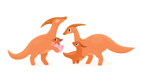 Cute dino mom and baby. Mother and father with children and newborn. Care and love, happy family of orange lizards. Graphic element for website, poster or banner. Cartoon flat vector illustration