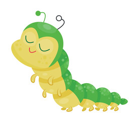 Cute centipede character. Green adorable and charming insect. Sticker for social networks and messengers. Nature, Wildlife and Environment. Toy or mascot for kids. Cartoon flat vector illustration