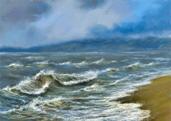 Oil paintings sea landscape, storm on the beach. Fine art