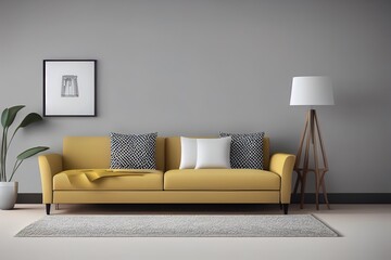 Modern minimalist gray, beige interior with sofa, wall moldings, carpet and decor. 3d render illustration mockup.