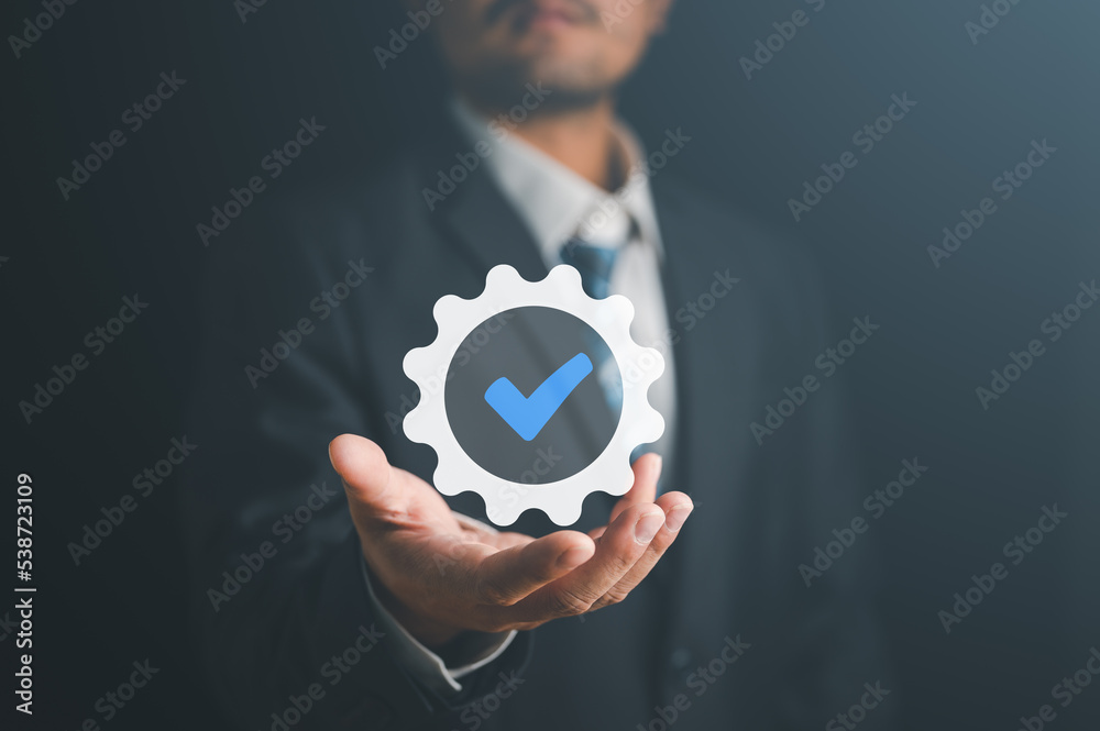 Poster hand shows the sign of the top service quality assurance, guarantee, standards, iso certification an