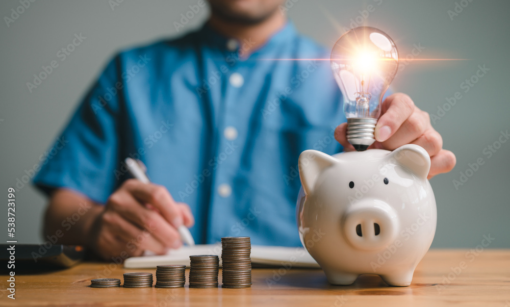 Fototapete saving energy and money concept. idea for save or investment. businessman holding lightbulb on piggy