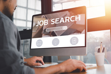 job search concept, find your career, Man looking at online website by computer. People searching...