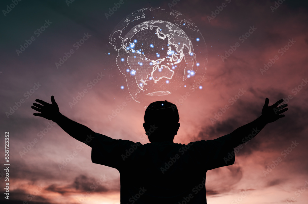 Poster global network connections, innovative technology in science and communication concept, earth in hum