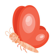 Cute butterfly character. Flying bright insect with large red wings. Sticker for social networks, label for children. Nature, biology, fauna and environment. Cartoon flat vector illustration