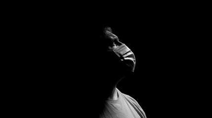 Male wearing surgical mask on a dark background.