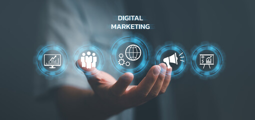 Hand shows the sign and icon of Digital marketing internet advertising and sales increase business technology concept, online marketing, E-business, Ecommerce, Business online..