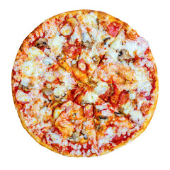 Fresh tasty pizza with pepperon, cheese and mushrooms isolated on white background. Top view