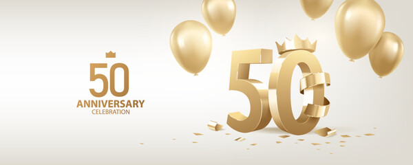 50th Anniversary celebration background. 3D Golden numbers with a crown, confetti and balloons.
