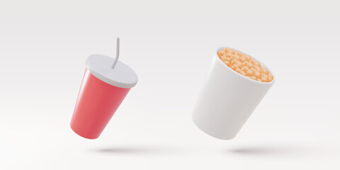 3d realistic beverages and snacks on a grey  background. Vector illustration.