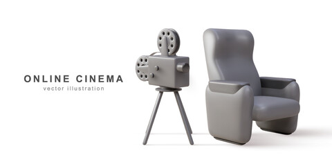 3d realistic retro camera and Cinema armchair. Vector illustration.