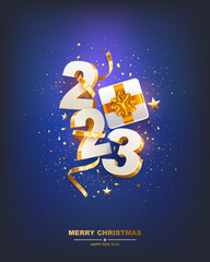 Happy New Year 2023. White 3D numbers with golden ribbons, gift box and confetti on a dark blue background.