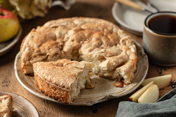 Traditional apple pie charlotte sprinkled with cinnamon with tea on wooden background close up. Tea...