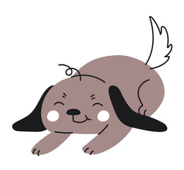 Grey cute doodle dog. Playful puppy sits up and smiles, getting ready to jump. Little hunter, mammal. Love and care for animal, pet. Creativity and art, hand drawn. Cartoon flat vector illustration