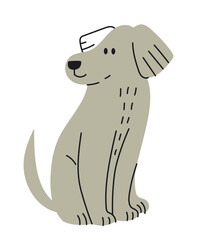 Grey cute doodle dog. Adorable and charming puppy sitting. Minimalistic graphic element for website, poster or banner. Logotype for veterinary clinic and pet shop. Cartoon flat vector illustration