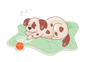 Cute dog sleeping. White puppy with brown spots lies on pillow with ball. Pet tired of games and activity. Recuperation, rest and dreams. Comfortable bed for animal. Cartoon flat vector illustration