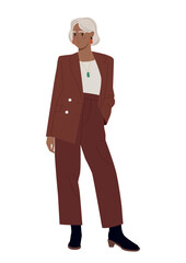 Elderly woman in business suit. Character in red clothes, businesswoman and entrepreneur. Leadership and success. Trendy grandmother. Elegance, aesthetics and style. Cartoon flat vector illustration