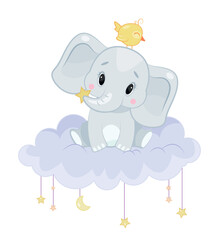 Elephant with bird. Small adorable animal sits on cloud. Fantasy, imagination and fairy tale, dream. Tenderness, love and care. Poster or banner for website. Cartoon flat vector illustration