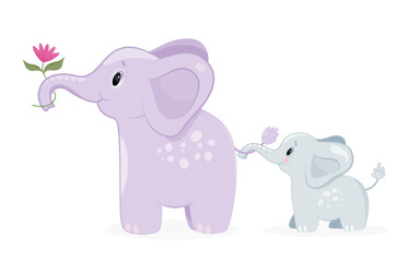 Elephant mother with baby. Parents and children with flowers. Love, support and care, happy family. Poster or banner for website. Toy or mascot for children. Cartoon flat vector illustration