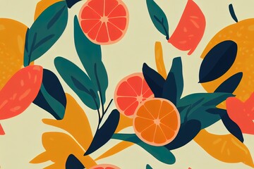 Trendy and colourful of Summer fruits Orange and leaves brushed strokes style, seamless pattern 2d ,Design for fashion , fabric, textile, wallpaper, cover, web , wrapping and all prints