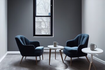 Interior with grey wall blue armchair and wood side table