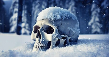 Computer generated composite of a human skull 3D illustration laying the snow with a forest winter background and snow falling. A.I. generated art. - Powered by Adobe