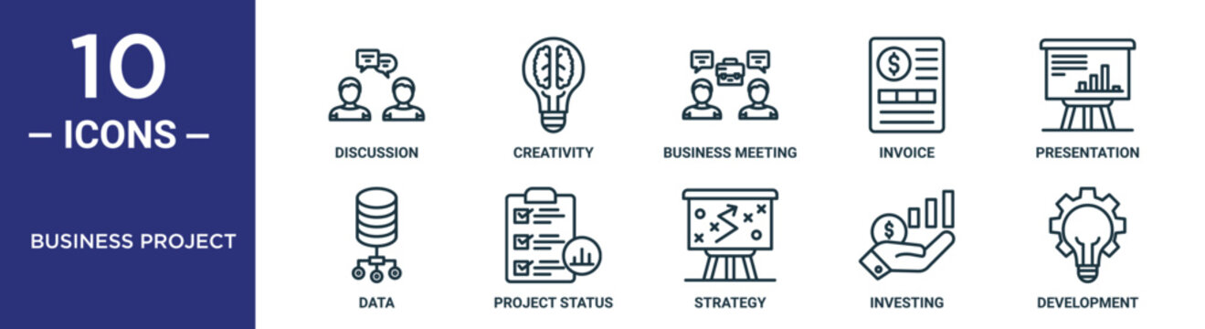 Business Project Outline Icon Set Includes Thin Line Discussion, Creativity, Business Meeting, Invoice, Presentation, Data, Project Status Icons For Report, Presentation, Diagram, Web Design