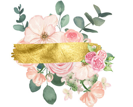 Pink Floral Bouquet With Gold Foil Brush Stroke