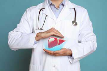 Doctor with stethoscope and illustration of healthy liver on color background, closeup
