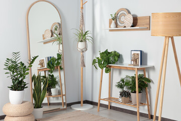 Stylish room interior with wooden furniture, houseplants and full length mirror near white wall