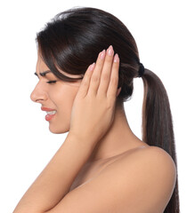 Young woman suffering from ear pain on white background