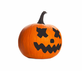 Halloween pumpkin with drawn scary face isolated on white