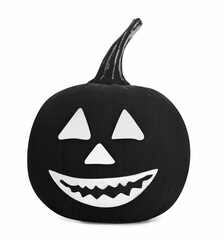 Black pumpkin with drawn scary face isolated on white. Halloween celebration