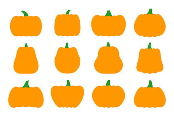 Pumpkins flat icons set. Sign kit of halloween. Thanksgiving pictogram collection farm harvest, closeup squash, vegetable. Simple pumpkin cartoon colorful icon symbol isolated on white background