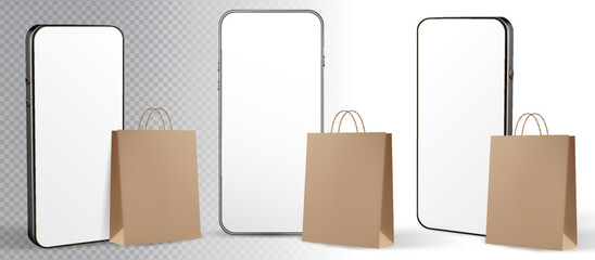 Bag phone 3d vector illustration. Gift shop bag with mobile smartphone for online shopping template smart phone application. E purchase, internet store.