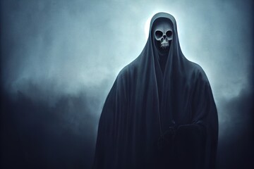 Grim reaper reaching towards the camera over dark, misty background with copy space