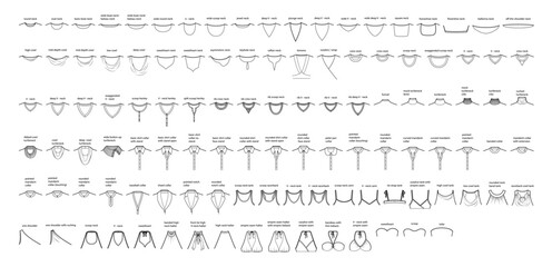 Set of necklines clothes - collars, plackets, knits, sweaters, tops, strapless, turtlenecks, tank, halter technical fashion illustration. Flat apparel template front side. Women, men unisex CAD mockup