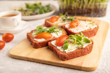 Red beet bread sandwiches with cream cheese, tomatoes and microgreen on gray. side view, selective focus.