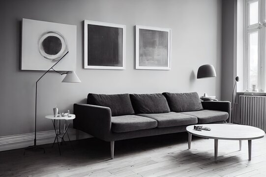 Stylish and scandinavian living room interior of modern apartment with gray sofa, design wooden commode, black table, lamp, abstract paintings on the wall. Beautiful dog lying on the couch. Home decor
