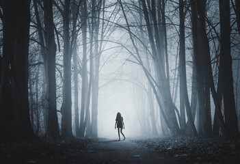 Girl on the road in a mysterious forest. Background wallpaper. Strange forest in a fog. Mystic...