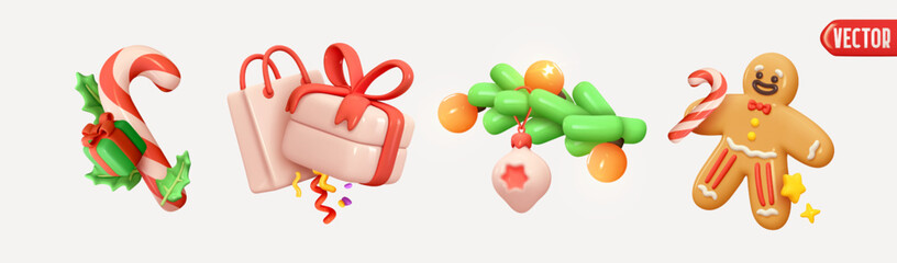 Christmas decor objects. Xmas Decoration Realistic 3d design in cartoon plastic style, candy cane, gift box, pine branch, gingerbread man, shopping bag. Winter holiday element. Vector illustration