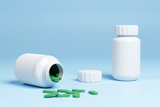 Plastic medical container, green pills on blue background side view