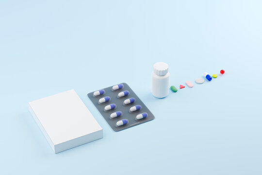 Various pills and medicine on a blue background.